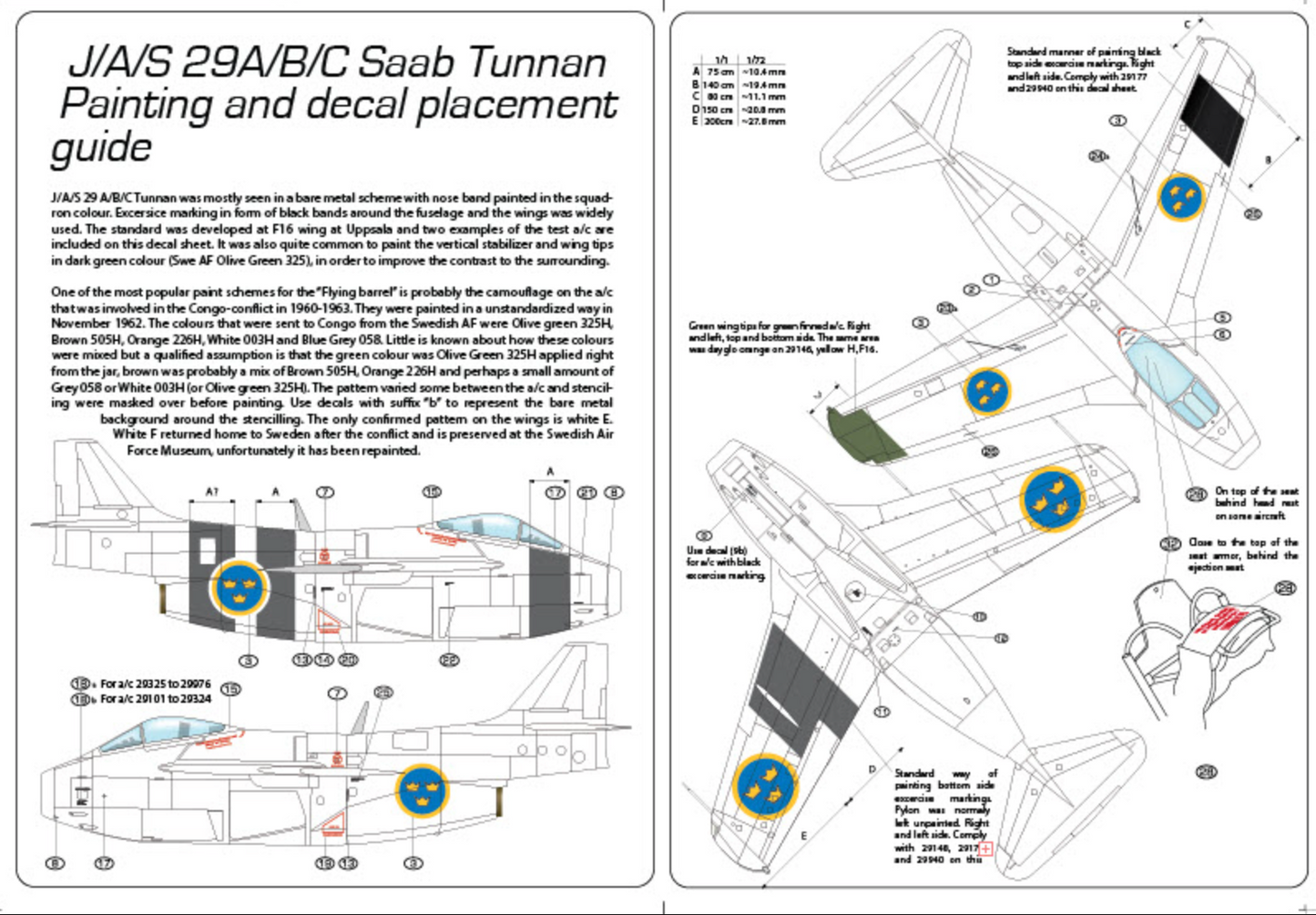 SAAB j 29 A/B/C Decals ”Tunnan Part I” 48D019 1/48 scale